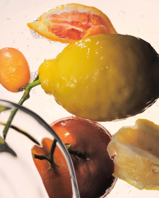 Close-up of citrus fruits, including a lemon, grapefruit, kumquat, and orange slice, seemingly suspended in water with a white background.