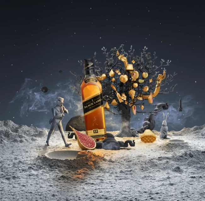 CGI still life of a bottle of Johnnie Walker Black Label whisky on a cratered moonscape surface with orbiting planets in the dark night sky.