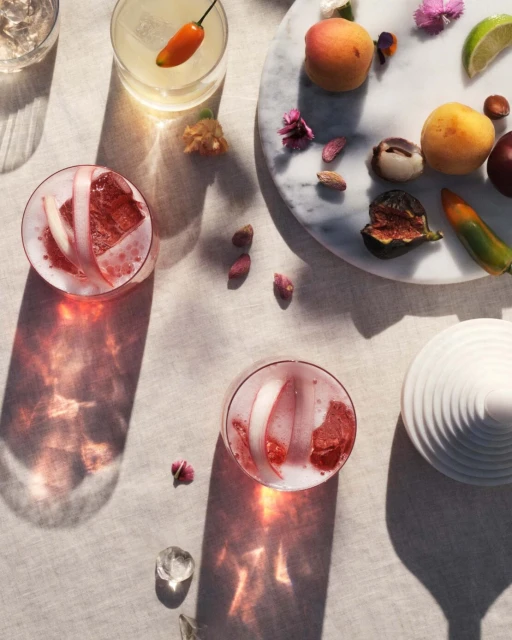 Overhead shot of pink cocktails with fruit and nuts on a marble board. Soft lighting and shadows. Food and beverage photography.