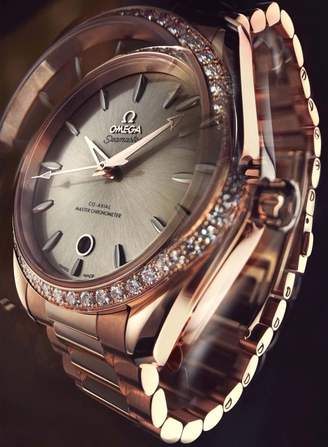 Close-up of a rose gold Omega Seamaster wristwatch featuring a diamond-encrusted bezel and a grey dial, blending luxury and functionality.