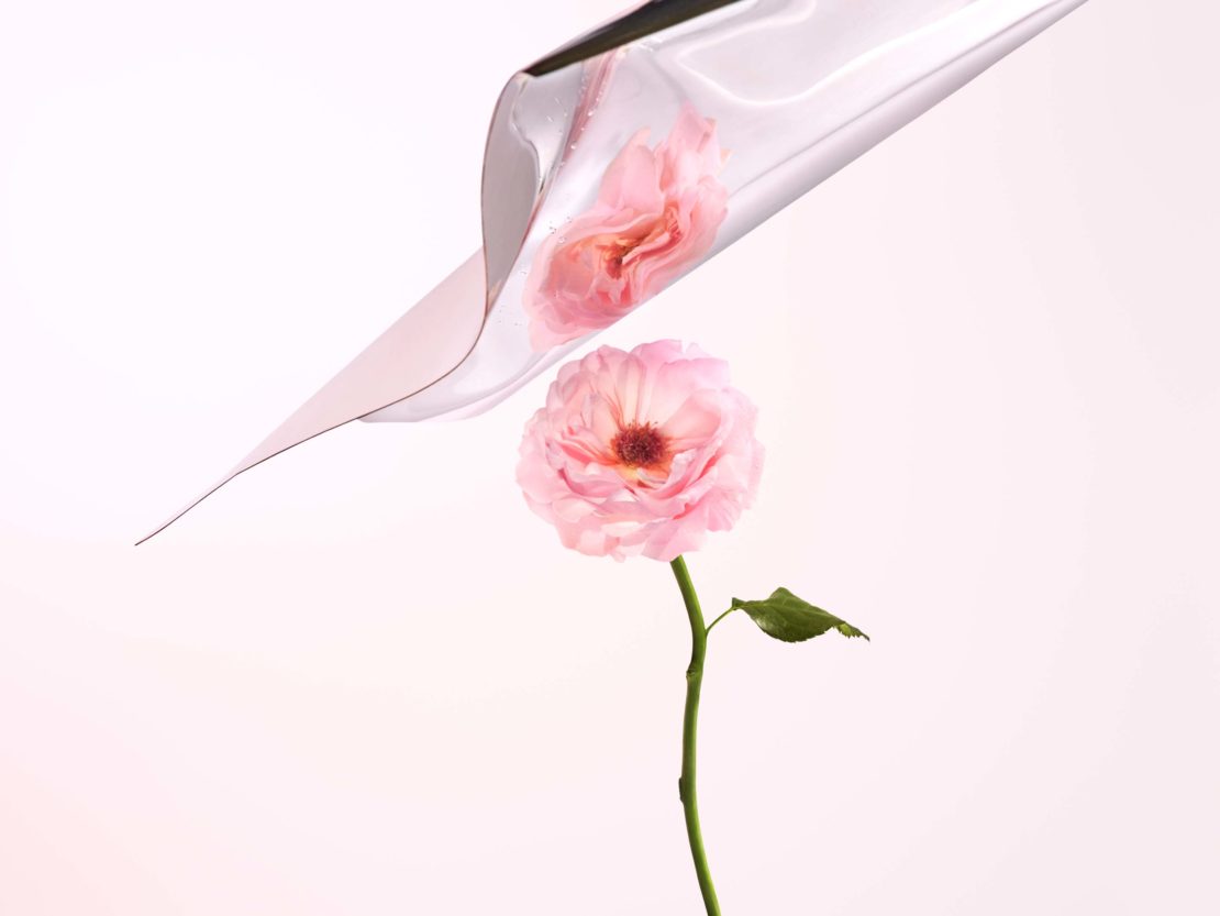 Elegant close-up of a pink rose with a long stem and single leaf displayed against a clear, folded sheet against a pale pink backdrop.
