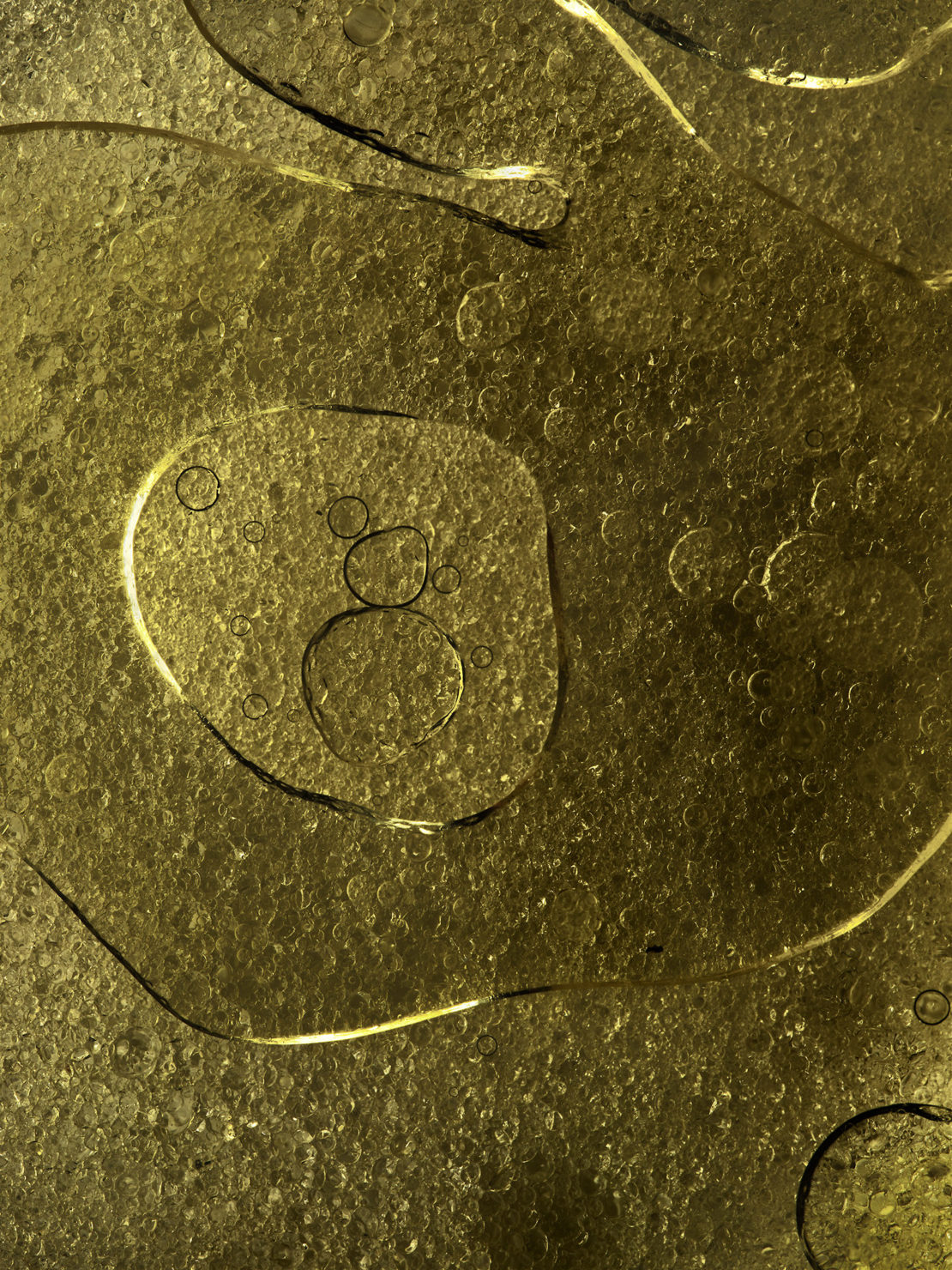 Abstract macro photograph of gold liquid containing smaller translucent and reflective bubbles of varying sizes. 
