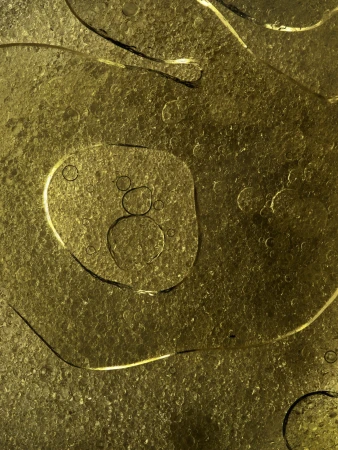 Abstract macro photograph of gold liquid containing smaller translucent and reflective bubbles of varying sizes. 