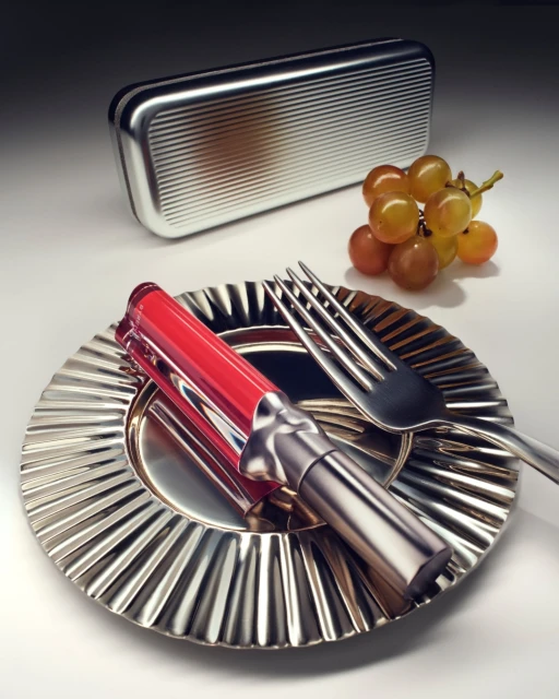 Still life shot of a red lip gloss tube resting on a silver decorative plate with forks and a bunch of grapes in the background.