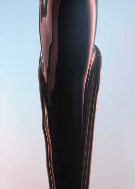 Abstract, high-contrast close-up of a dark, viscous fluid with a glossy finish, against a gradient background of soft blue and pink hues.