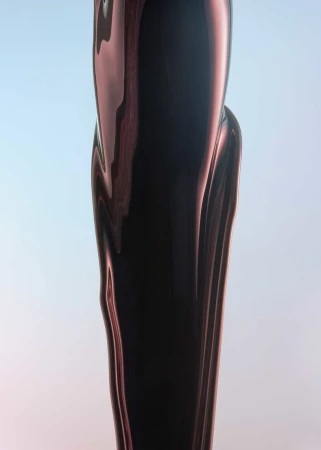 Abstract, high-contrast close-up of a dark, viscous fluid with a glossy finish, against a gradient background of soft blue and pink hues.