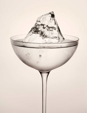A close-up studio shot of a coupe glass filled with a clear liquid and a large ice cube, set against a soft white backdrop.