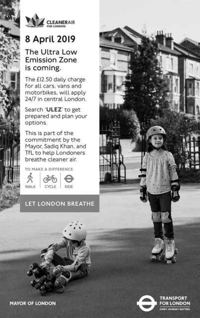 Two children on roller skates in a monochrome public health ad; one stands upright and the other sits on the ground in London.