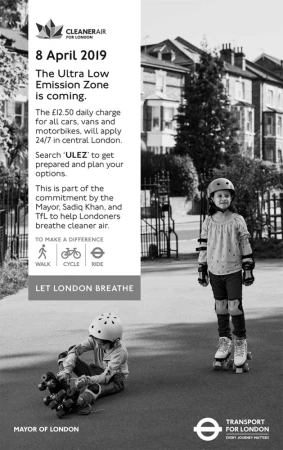 Two children on roller skates in a monochrome public health ad; one stands upright and the other sits on the ground in London.