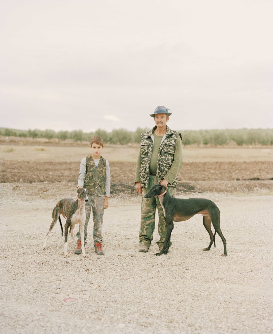 An adult man and a child, both wearing camouflage, stand with two greyhounds in an outdoor setting with sparse vegetation and an overcast sky.