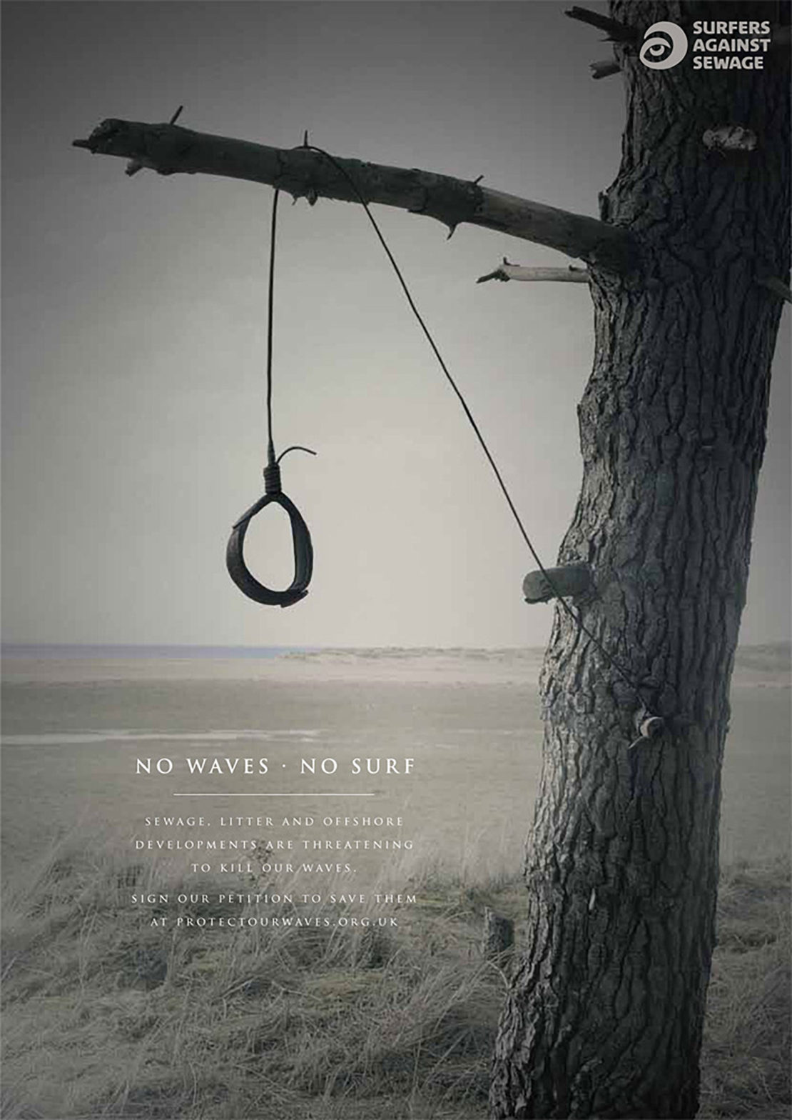 Conceptual image featuring a noose hanging from a tree branch against a bleak landscape, with environmental message from Surfers Against Sewage.