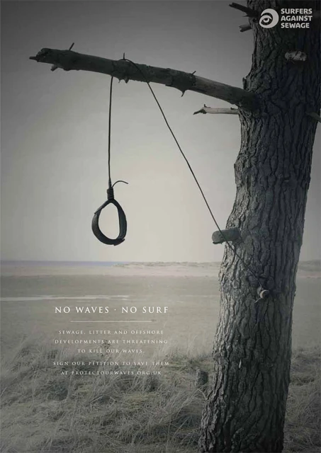 Conceptual image featuring a noose hanging from a tree branch against a bleak landscape, with environmental message from Surfers Against Sewage.