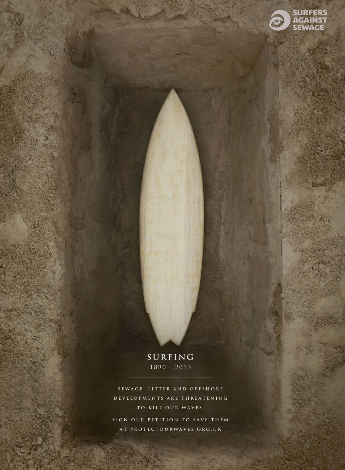 Surfboard in a grave as a symbol of the decline of surfing due to water pollution, in a promotional image for Surfers Against Sewage.