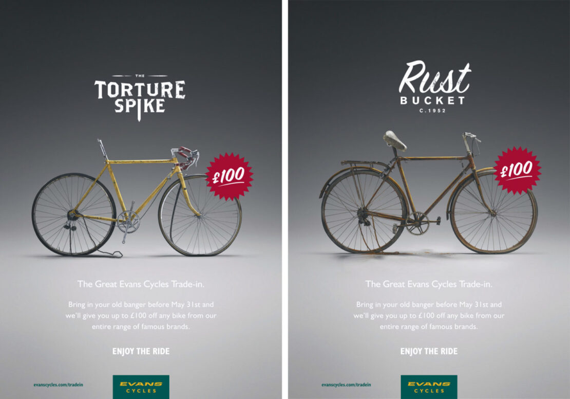 Evans Cycles advertisement featuring a yellow and a rusted bicycle, promoting their 'Great Evans Cycles Trade-In' offer.