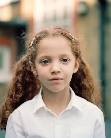 Close-up portrait of a young child with long curly brown hair wearing a white collared shirt by Spencer Murphy.