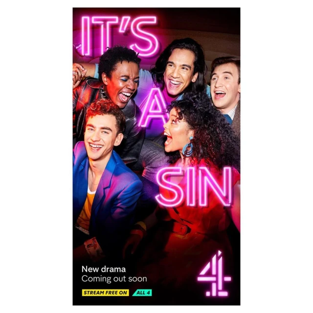 A group of six diverse people smiling in a promotional image for a TV show called 'It's a Sin,' lit by a neon sign.