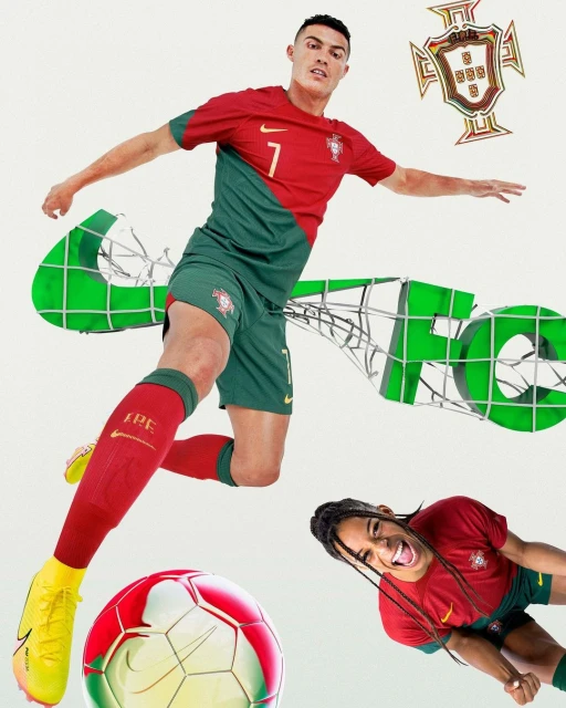 Action shot features two soccer players in Portugal jerseys with a soccer ball and Nike logo, set against a bright white backdrop.