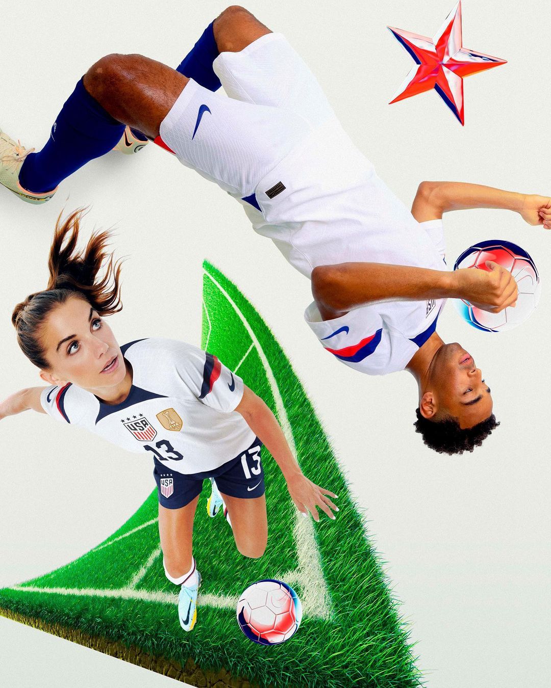 Two soccer players, an adult woman and an adult man, posing on a soccer field, wearing white soccer uniforms and colorful soccer balls.