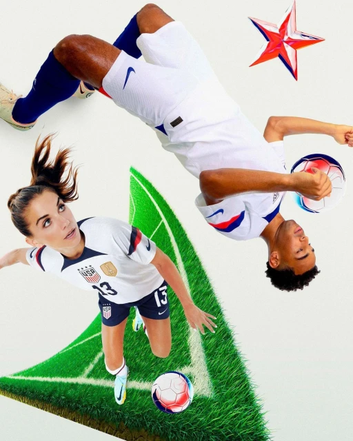 Two soccer players, an adult woman and an adult man, posing on a soccer field, wearing white soccer uniforms and colorful soccer balls.