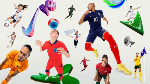 Collage of soccer players from various national teams in action poses against a white backdrop with illustrated soccer elements.