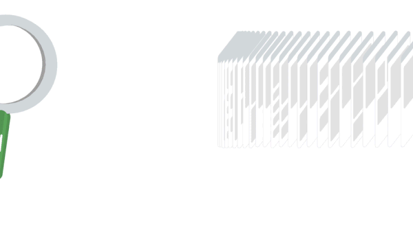 Illustration of a magnifying glass over multiple stacked cards, suggesting a close examination or analysis process on a white background.