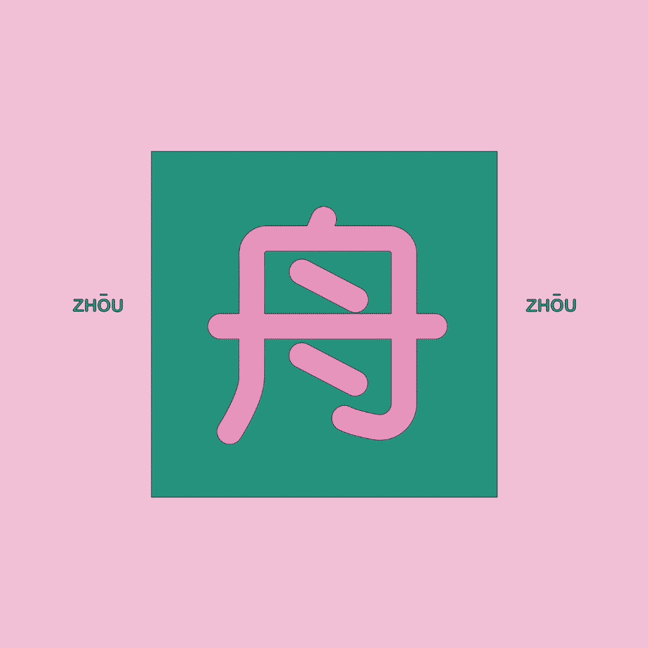 Abstract image featuring a pink graphic symbol within a green square, set against a pale pink background, accompanied by 'ZHŌU' text.