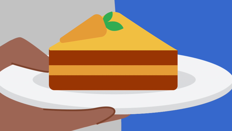 Digital illustration of a slice of carrot cake with frosting carrot on a white plate held by a brown-skinned hand on a split gray/blue background.
