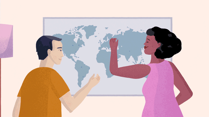 Animated illustration of two people pointing at locations on a world map, indoors, with a lamp and neutral background.