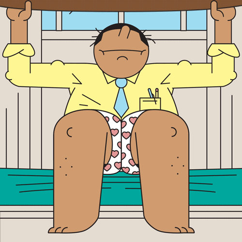 Cartoon man with heart boxers sits on a bed, wearing a yellow shirt and tie, looking down, in an illustration with an indoor setting.