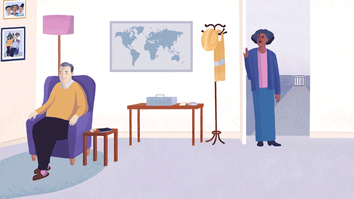 Illustration of an older man in an armchair, a woman in a doorway, a world map, and furniture inside a light-filled room.