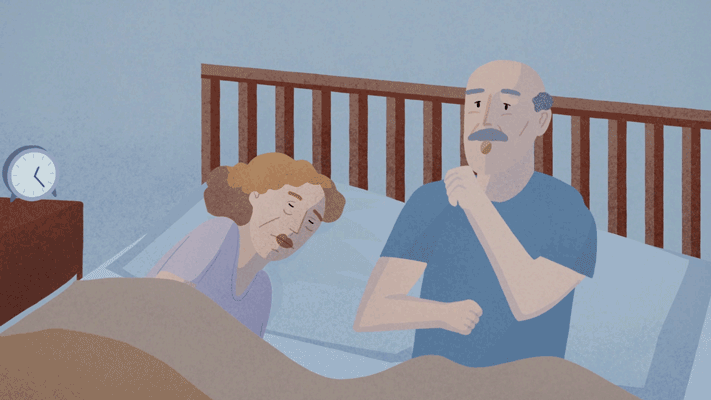 Animated image depicts an elderly couple in bed: the woman sleeps while the man sits up, holding a lozenge to his mouth.