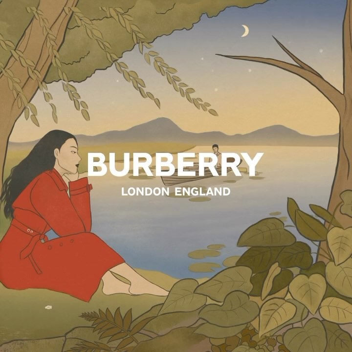 Illustration of a woman in red coat by a lake with a man in a rowboat, mountains, and a crescent moon in the background. Burberry text.