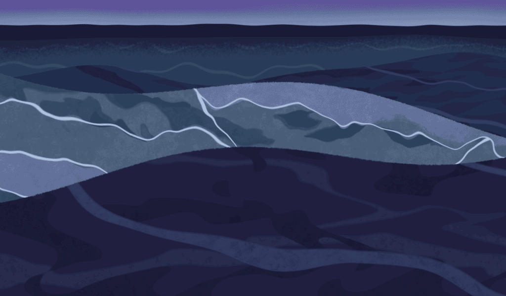 Illustration of wavy ocean with dark blue and teal color palette, set against a twilight sky gradient, creating a serene marine artwork.