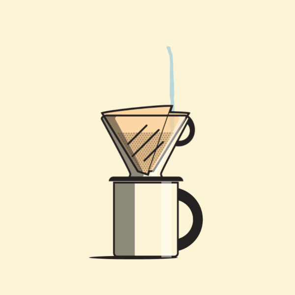 Illustration of a pour-over coffee maker with steam rising on a cream-colored background. Coffee concept with a white and silver mug.
