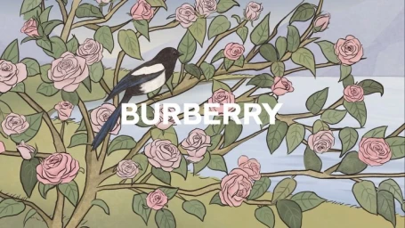 Animated illustration of a black and white bird perched on a rose bush with pink roses and green leaves, featuring the Burberry brand name.
