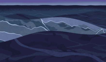 Digital illustration of dark ocean waves at night with light reflecting on the water surface.