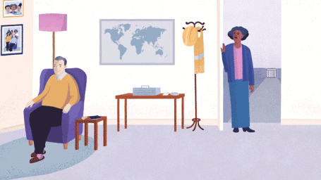 An animated illustration of an elderly man seated in a purple armchair and a woman standing in a doorway.
