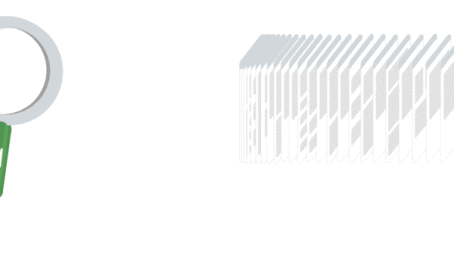 Digital illustration featuring a green magnifying glass on the left and a sequence of layered rectangular planes on the right.