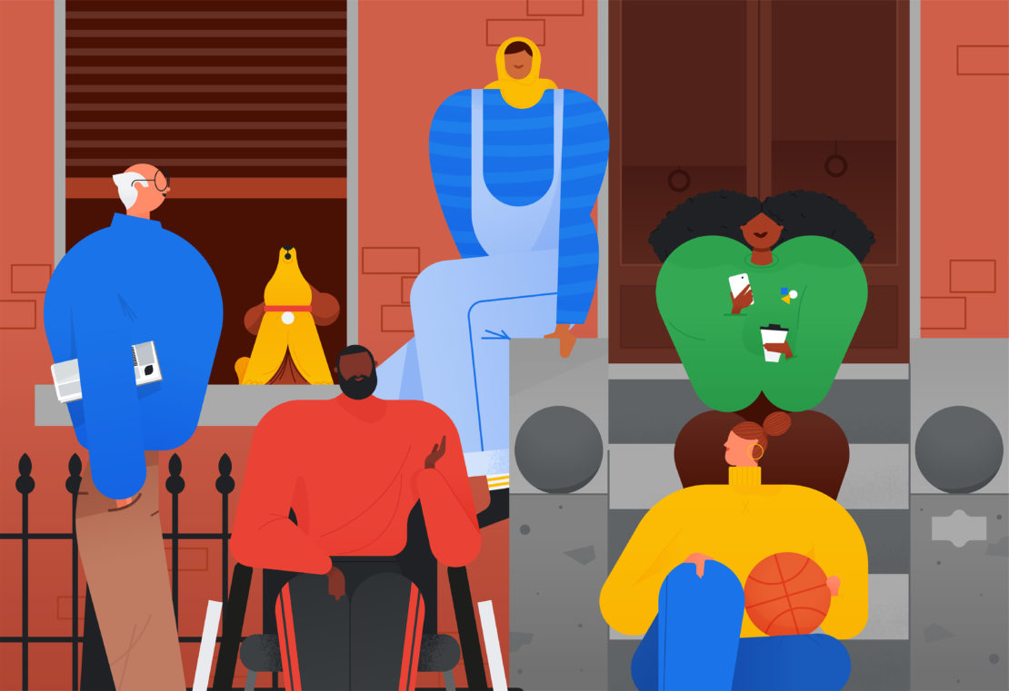 Illustration of diverse people outside a brick building, including an elderly man, a person in a wheelchair, and a person with a basketball.