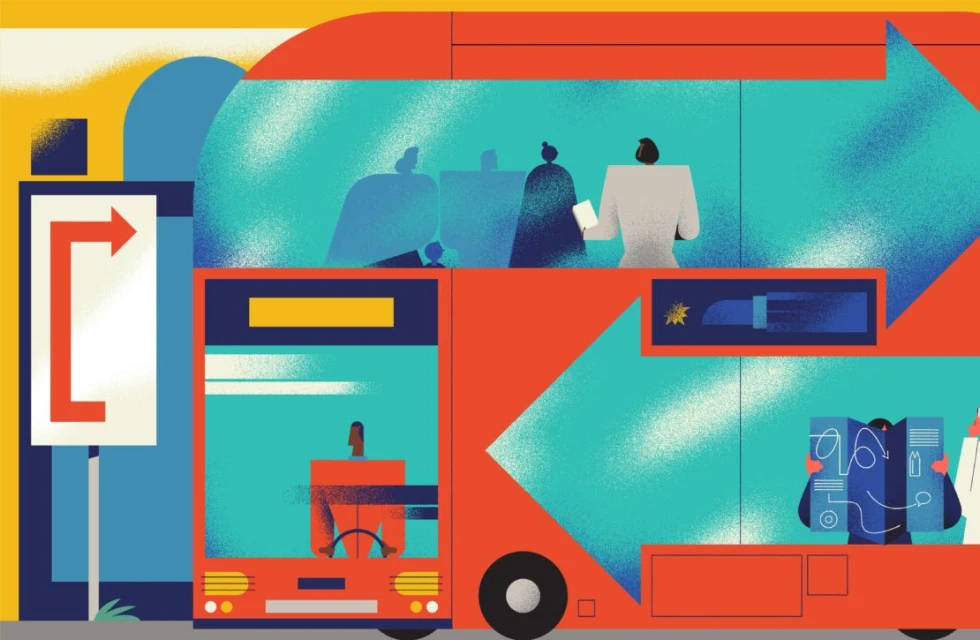 Illustration of a red double-decker bus with passengers looking at a map and using a phone, next to a blue and yellow sign.