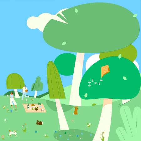 Cartoon illustration of a picnic in a grassy park with trees, flowers, brown rabbits, and people enjoying a sunny day with a kite.