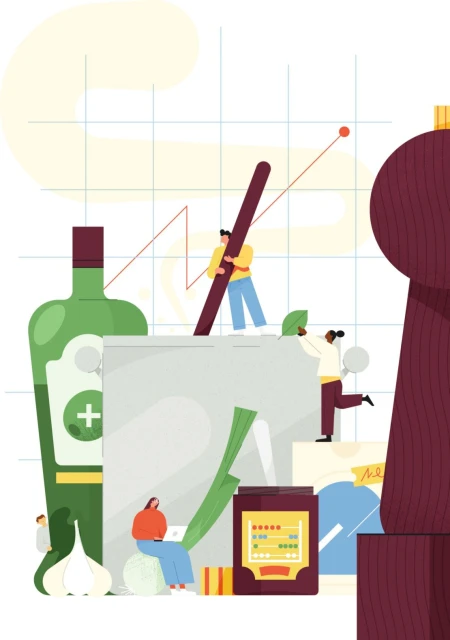 Illustration of figures interacting with oversized food and a data chart representing growth in the food and beverage industry.