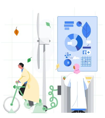 Digital illustration of two scientists working with wind energy and data. One rides a bicycle connected to a turbine, generating power.