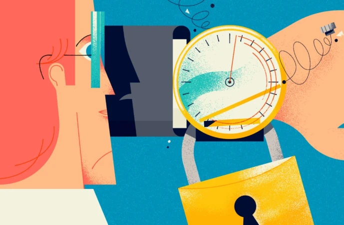 Illustration of two faces positioned on either side of a clock and a lock, conveying a concept related to time or security.