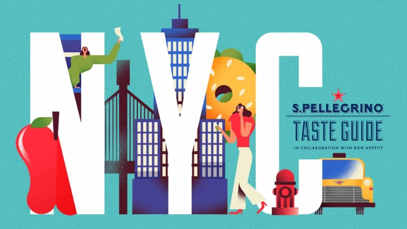 Illustrated poster art for S.Pellegrino Taste Guide featuring NYC, with animated figures, cityscapes, food, and beverage themes.