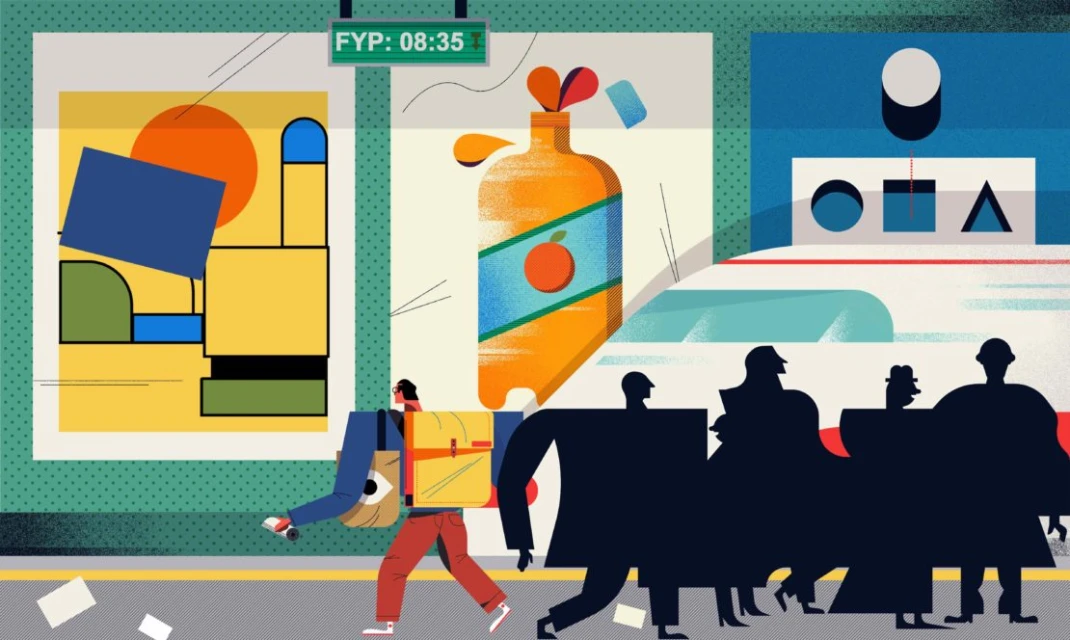 Illustration of a man walking in a subway station with posters, commuters, and a train car in background. Stylized, colorful design.