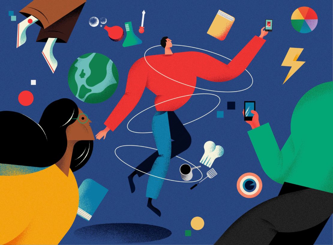 Illustration of a person in motion surrounded by books, science beakers, a globe, and kitchen utensils on a blue background.