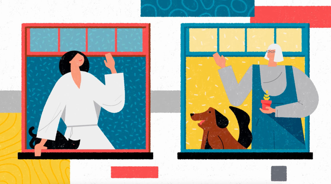 Animated illustration featuring two women in separate windows, one with a cat, the other with a dog and plant, on a white background.