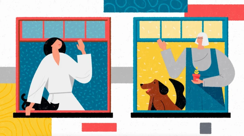 Animated illustration featuring two women in separate windows, one with a cat, the other with a dog and plant, on a white background.