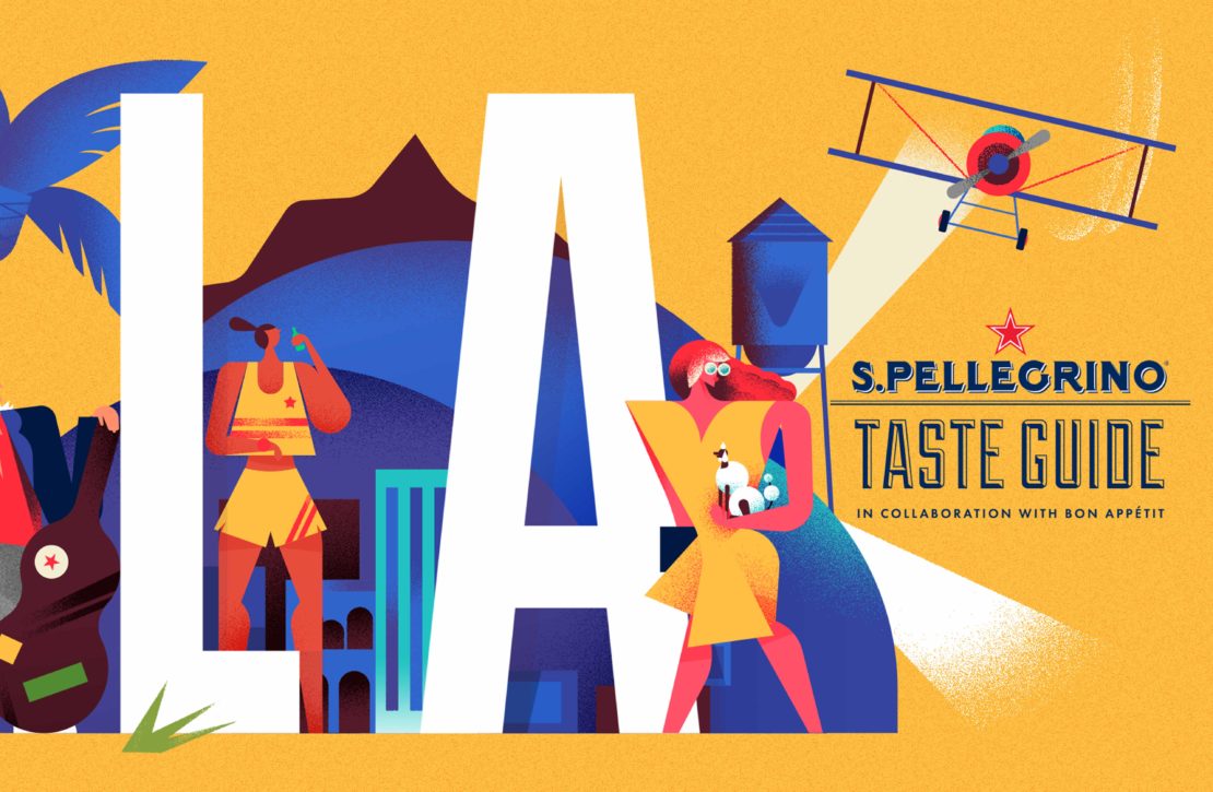 Illustration of LA with a woman holding a dog, a woman in athletic clothes, and an airplane, promoting the S. Pellegrino Taste Guide.